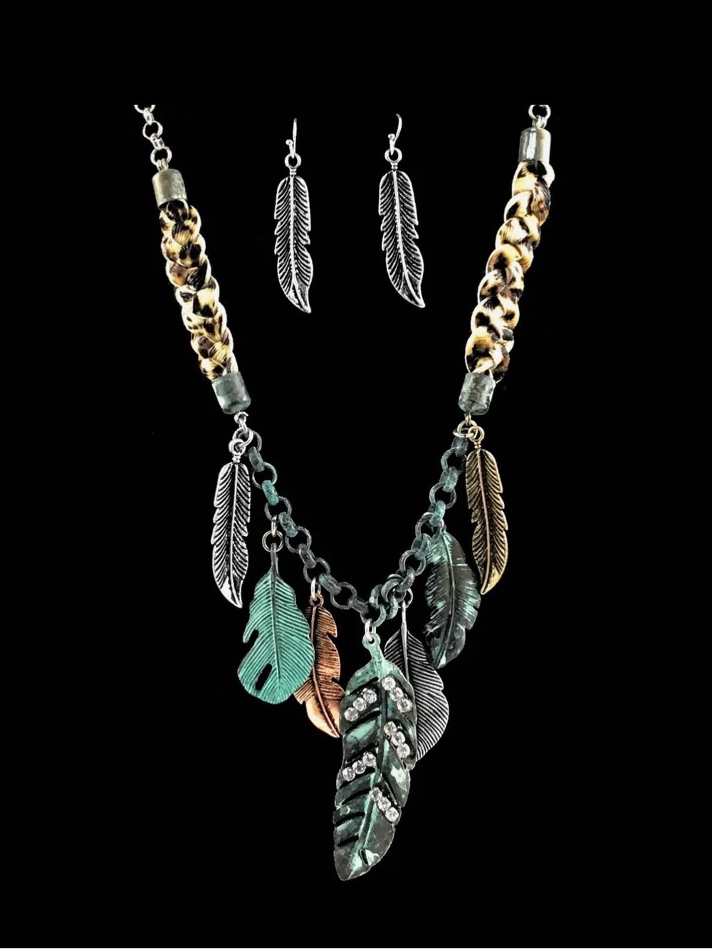 Bohemian Multi-Color Feather Pendant Necklace and Earrings Set